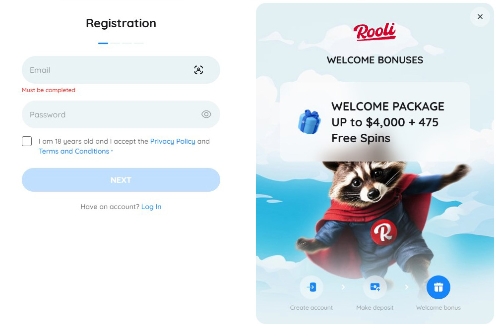 Rooli casino registration process.